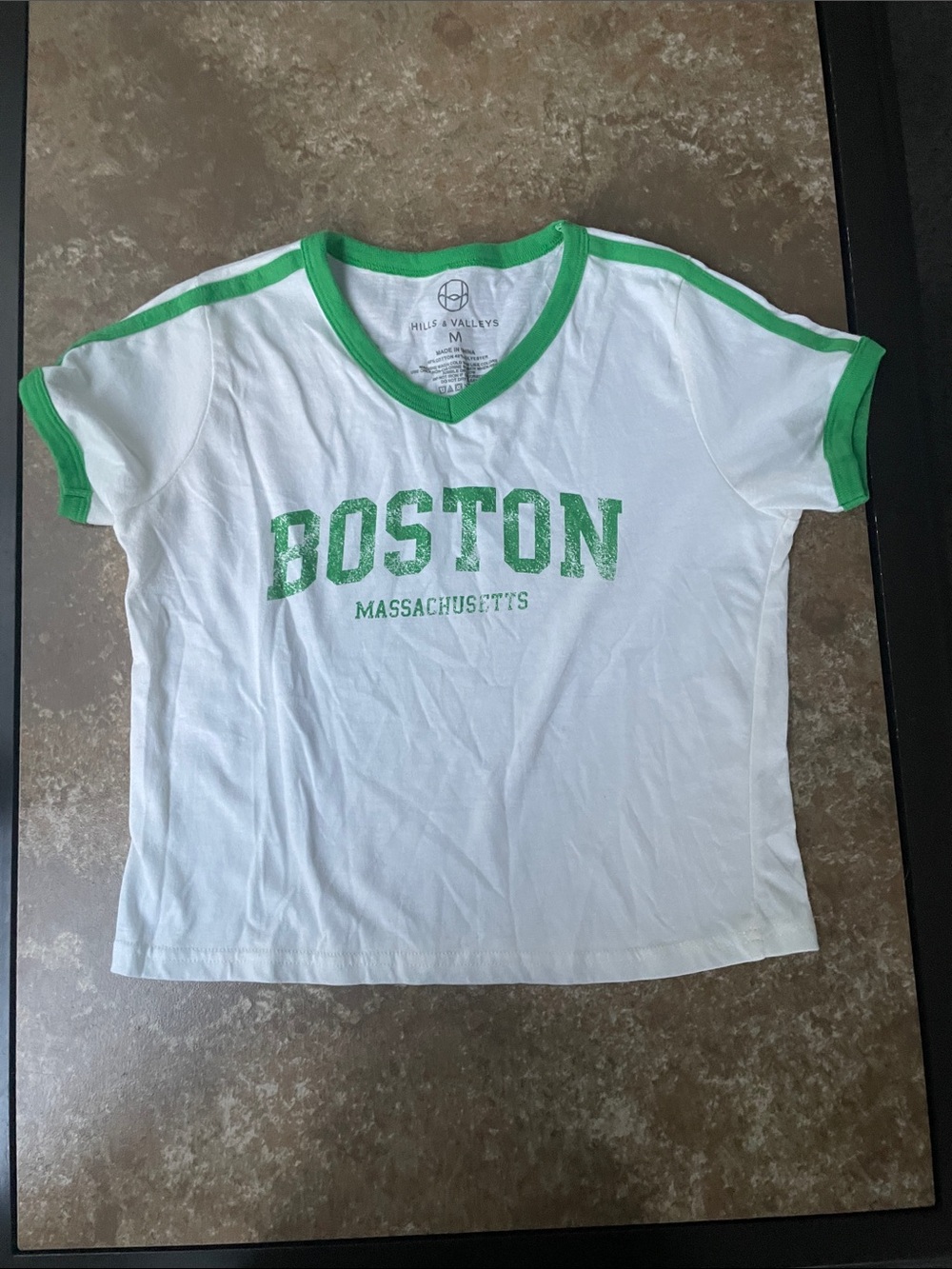 Hills & Valleys White Boston Graphic V‑Neck Tee with Green Trim Medium